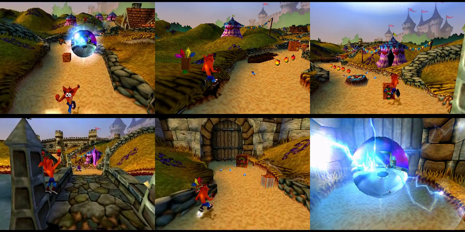 Six frames from a filmed completion of Toad Village: Crash leaves the entry portal, runs the sand path past tents and crates, crosses the castle bridge, reaches the gate and enters the exit portal.