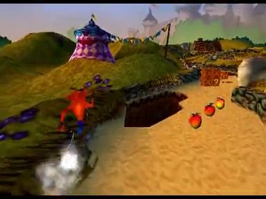 A colour frame from the completion film: Crash on the sand path in Toad Village.