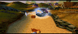 Animated frames from a scripted episode in Toad Village: Crash runs forward along the sand path and jumps now and then.